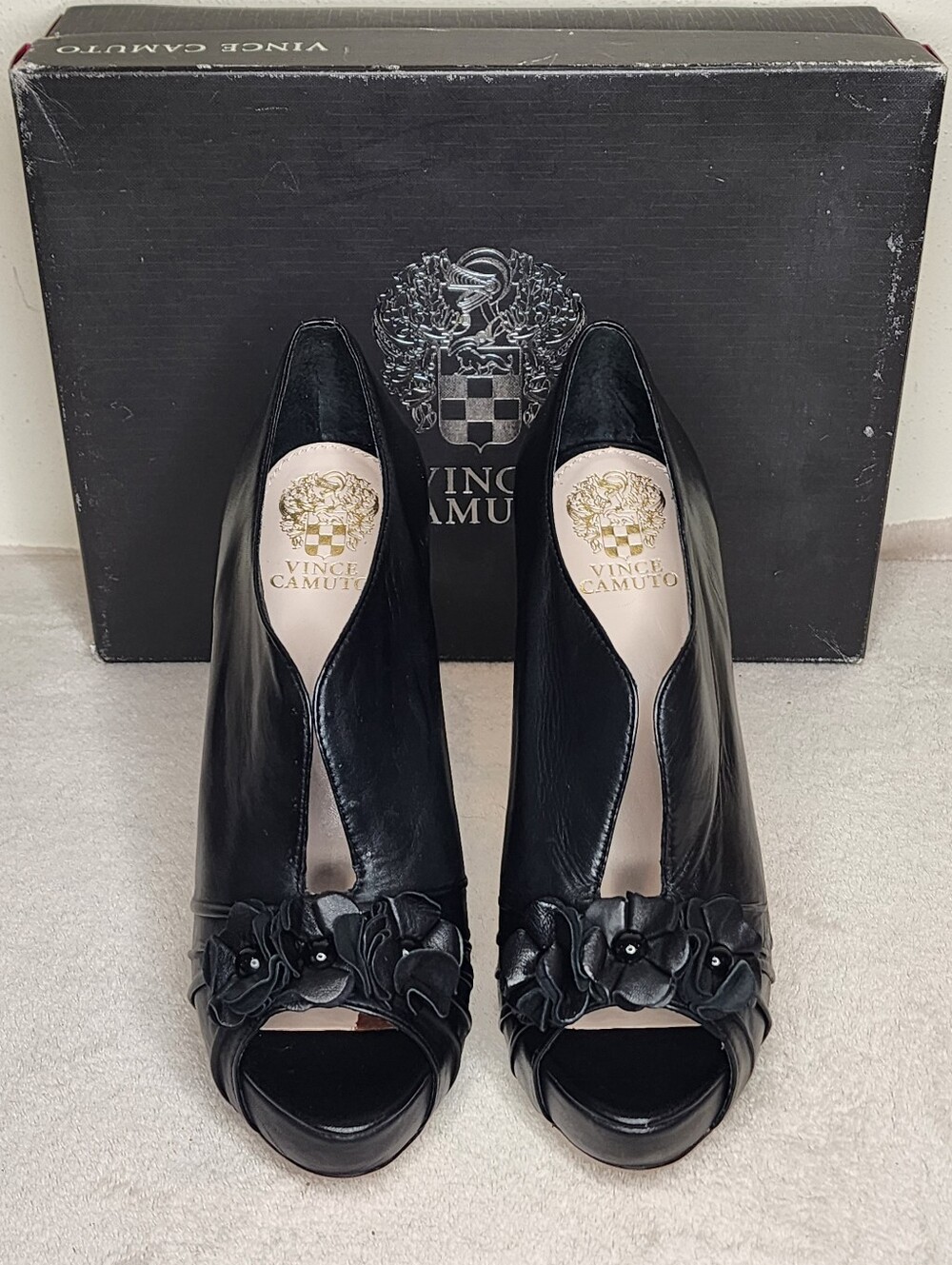 Vince Camuto Black Leather Peep-Toe Heels with Floral Accents